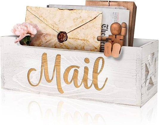 Mail Holder Countertop - Mail Organizer Countertop, Mail Holder Box for Desk, Letter Holder, Mail Tray, Mail Basket for Counter, Rustic Wooden Mail Storage Organizer Wall Mounted