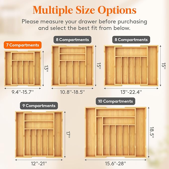 Lifewit Silverware Drawer Organizer, Expandable Utensil Tray for Kitchen, Bamboo Flatware and Cutlery Holder, Wood Adjustable Storage for Spoons Forks Knives, 9.4-15.7x13", Natural