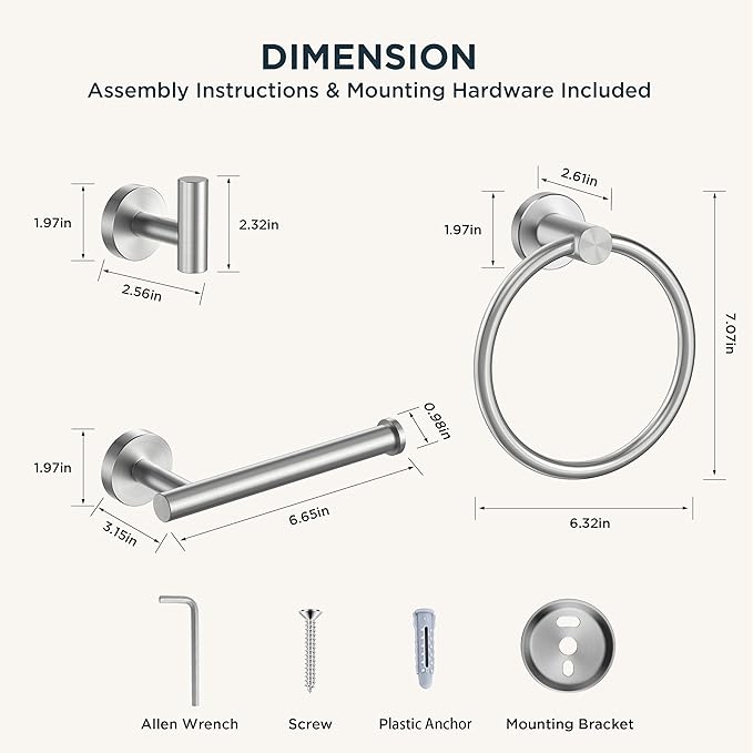 FORIOUS 4 Piece Bathroom Accessories, SUS304 Stainless Steel Toilet Paper Holder, Towel Ring and 2 Towel Hooks, Wall Mounted Bathroom Hardware Set (Brushed Nickel)