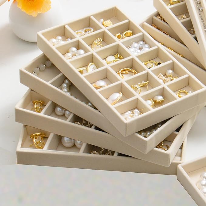 Jewelry Trays Organizer for Drawer, 9 Set of Small Jewelry Display Case Storage Velvet Stackable Drawer Inserts Organizer for Necklaces Bracelets Earrings Rings (Beige)