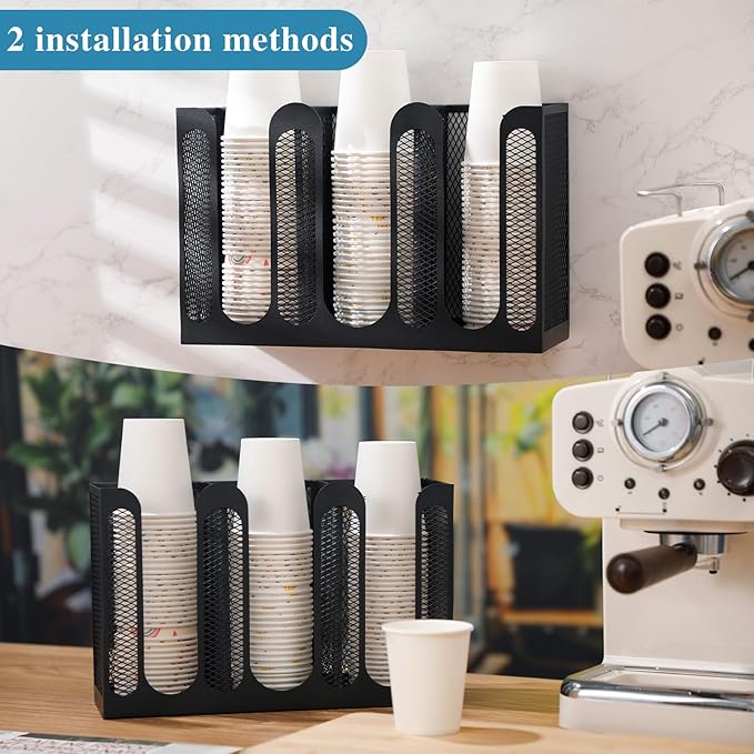 Maxcheck Metal Mesh Cup and Lid Holder Coffee Paper Cup Dispenser Lid Holder Storage Organizer Countertop or Wall Mount for Coffee Bar, Kitchen, Breakroom(3 Compartments)