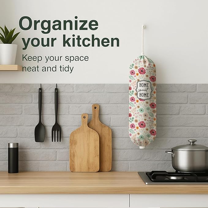 Plastic Bag Holder, Home Sweet Home Plastic Bag Holder for Kitchen Essentials, Bags Holders for Plastics Bags Groceries Store, Floral Reusable Grocery Sack Storage Dispenser to Kitchen Decor