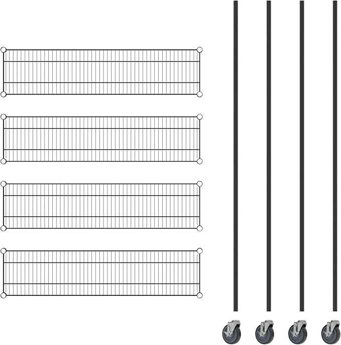 Commercial NSF Listed Black Epoxy Mobile Wire Shelving Kit 12" x 48" x 80", with 4 Shelves Perfect for Warehouse, Walk-in Refrigerator, Freezer, Grocery Store, Restaurant, Dishroom