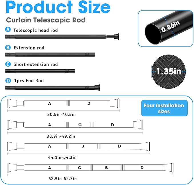 2Pack Black Tension Curtain Rods 31 to 62 Inch,Small Curtain Rods No Drilling,Short Tension Rod Adjustable Spring Curtain Rod for Windows,Door,Close,Pressure Rod