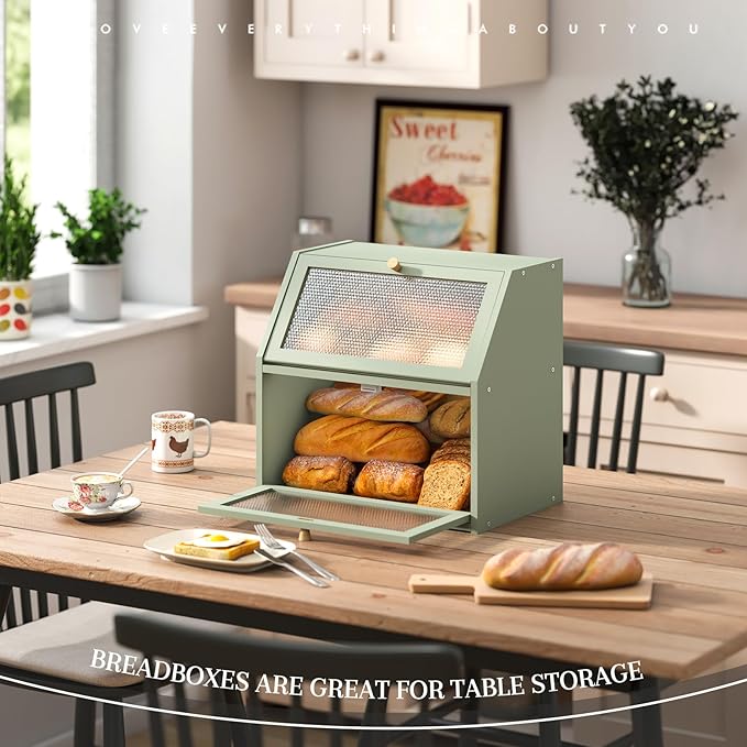Bread Box for Kitchen Countertop Bin Double Layer Bread Box Storage Container Extra Large Capacity Farmhouse with Diamond Pattern Windows (Green, Extra Large)