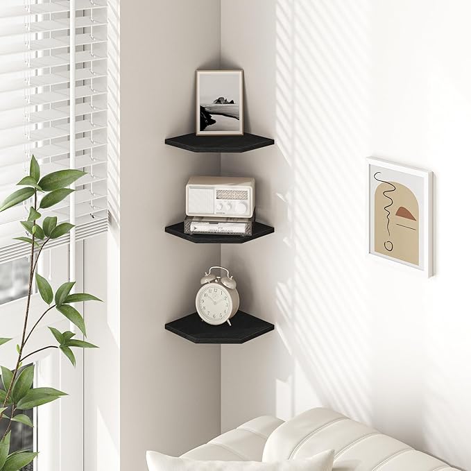 Corner Shelf Wall Mount, Floating Corner Shelves, Set of 3 Corner Wall Shelf Organizer, Rustic Wood Wall Storage Display Shelves for Living Room Bedroom Bathroom Kitchen, Classic Black