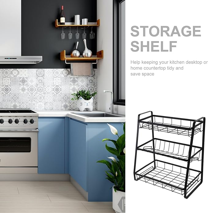Black 3-Tier Detachable Kitchen Storage Shelf Seasoning Bottle Rack Household Spice Organizer for Pantry and Countertop Use