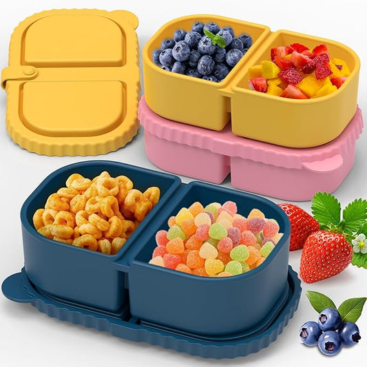 6 Pack Reusable Silicone Snack Containers with Lids, Mini Containers 2 Compartments, Portable Silicone Food Storage Box for Picnic, Lunch, Office (6)