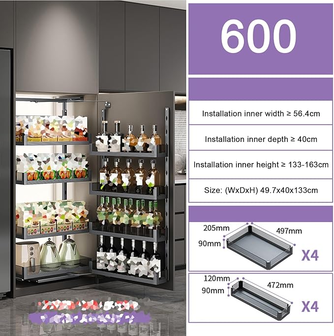 WIGING 4-Tier Narrow Cabinet Pull-Out Basket, High Cabinet Pull-Out Storage Rack with Adjustable Dividers for Kitchen Bathroom Pantry, Single-Layer Load Capacity: 15kg(49.7x40x133cm)