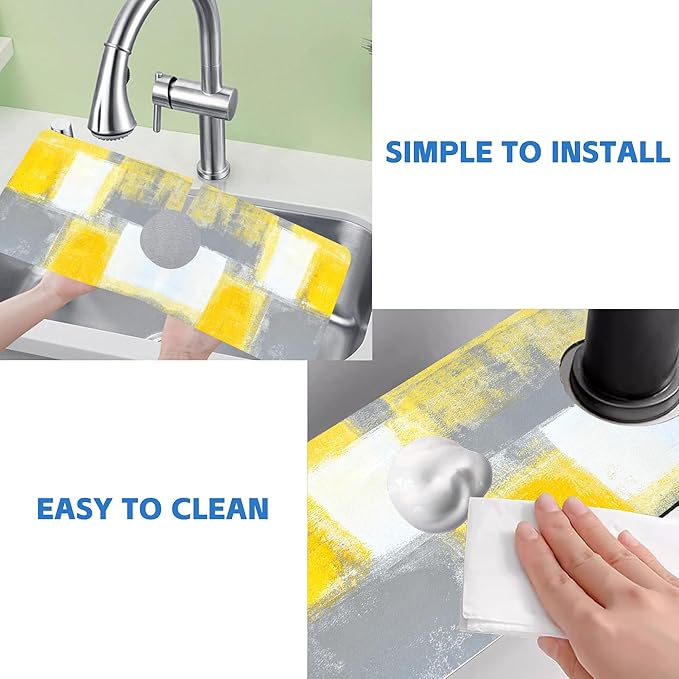 Grey and Yellow Abstract Kitchen Sink Splash Guard Mat Absorbent Fast Drying Mat Faucet Draining Mat Sink Splash Guard Behind Faucet Drip Catcher for Kitchen Bathroom 5.5"×15"