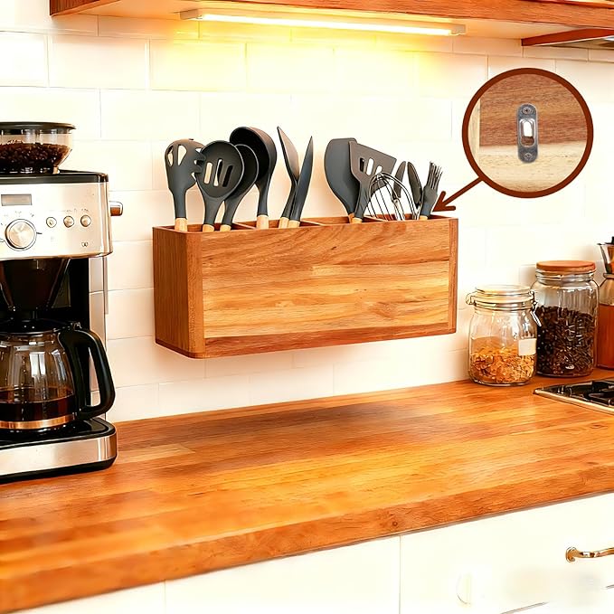 Wooden Kitchen Utensils Holder Organizer - Extra Large Wooden Utensil Holder for Counter or Countertop - Acacia Wood Container with 4 Compartments for Cooking and Silverware