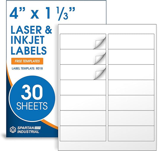 4" X 1 1/3" Matte White Printable Labels for Inkjet and Laser Printers - 30 Sheets, 420 Address, Mailing, Shipping Labels for File Folders and Organization - Spartan Industrial Template R018