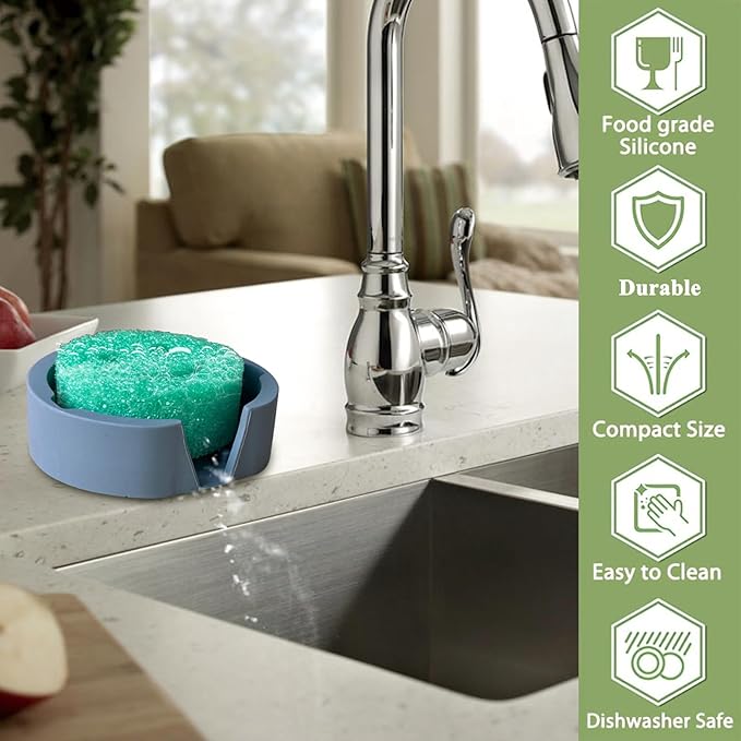 Sponge Holder for Scrub Daddy with Suction Cups and Drain Spout Kitchen Sink Caddy Organizer, Large Soap Dishes Accessories Rack, Dishwasher Safe - 5.3"x5.3", Grey