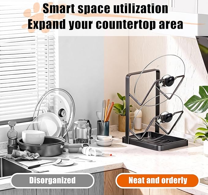 Kitchen Pot Lid Storage Rack, Carbon Steel Pan Lid Organizer Holder with Spoon Rest for Countertop Cooking Storage (Gray - Single Layer)
