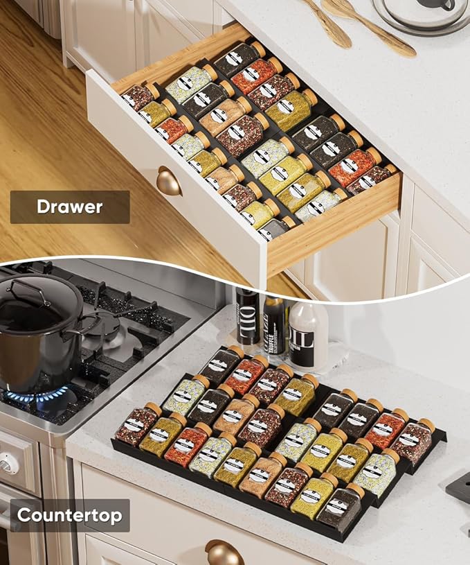 Artibear ABS Spice Drawer Organizer, Spice Rack Tray for Kitchen Cabinet, 6 Pieces Set-Expandable Seasoning Storage Rack From 8"-16" Insert for Drawer/Countertop (Jars Not Included)