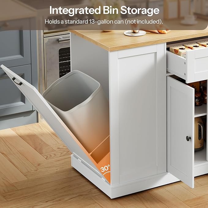 HOOBRO Kitchen Island with Trash Can Storage, Rolling Kitchen Island Cart with & Power Outlet, Island Table with Spice Rack & Drawer, for Kitchen, White and Natural WN20UZD01
