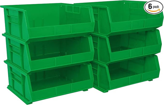 Akro-Mils 30250 AkroBins Plastic Storage Bins, Space-Saving Stackable Bins for Garage, Pantry, Craft Organization, 15-Inch x 16-Inch x 7-Inch, Green, 6-Pack