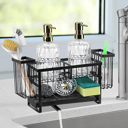Sponge Holder for Kitchen Sink Organizer Caddy, 2 Tier Dish Brush Scrubber Holder, Stainless Steel Sink Box Utensil Holder, Rustproof Stainless Steel Dish Soap Storage Rack Set for Accessories