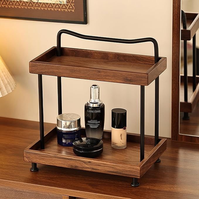 2-Tier Bathroom Counter Organizer,Wood Countertop Organizer for Storage,Makeup Organizer Cosmetics Storage Display Rack,Counter Shelf for Bathroom Organization(Wood & Black)