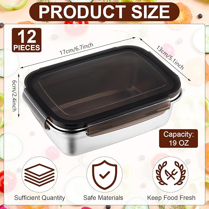 Acellegic 12 Pcs 304 Stainless Steel Food Storage Containers with Lid, Airtight Metal Food Containers Reusable Stackable Bento Meal Lunch Box Freezer/Dishwasher Safe for Kitchen Travel(19oz/ 550 ml)