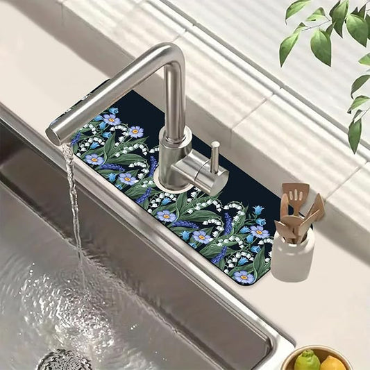 Blooming Lilies Kitchen Sink Splash Guard Faucet Mat Valley Lilies Flowers Super Absorbent Fast Drying Mat Sink Splash Guard Behind Faucet for Kitchen Bathroom, 15.5"x5.5"