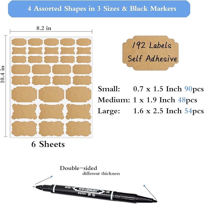Kraft Label Stickers, Removable Gift Tag Stickers Self-Adhesive Handmade Jar Labels in 3 Sizes with Markers, Kitchen Pantry Labels for Essential Oil Bottle, Storage Bin, File Folders, 192Pcs