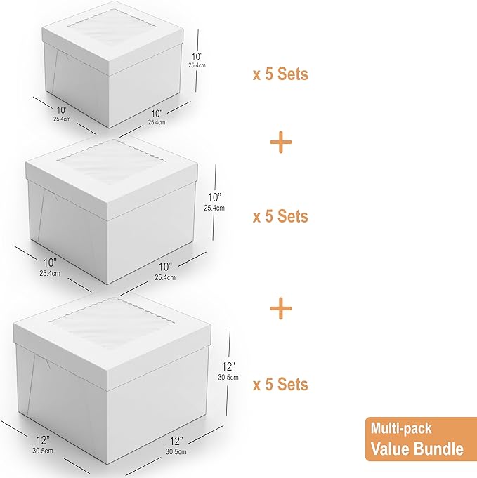 BOARDS+ 8 + 10 + 12 Inch Cake Boxes with Clear Window (15 Pack) – Sturdy Cardboard, Easy to Assemble, Disposable Cake Carriers for Weddings, Birthdays, and Special Occasions (8x8x8+10x10x10+12x12x12)