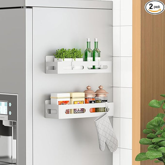 2 Pack Strong Magnetic Spice Rack for Refrigerator, Multipurpose Magnetic Shelf for Fridge with 4 Hooks for kitchen and Bathroom Organization, White