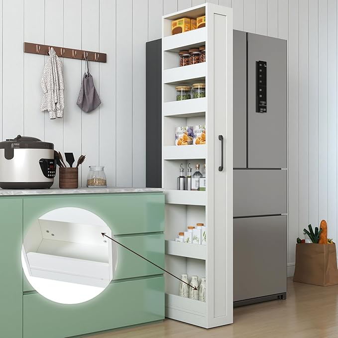 7 Tier Slim Storage Cart, Rolling Spice Rack Next to Fridge Slim, Wooden Narrow Buffet Server Storage Shelf Freestanding Shelves Units, For Living Room & Narrow Spaces (15.75*7.87*70.75in)