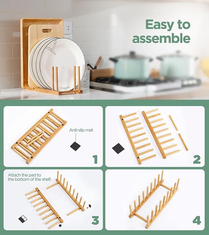 Bamboo Dish Drying Rack, Plate Organizer for Kitchen Cabinet, Vertical Plate Lid Holders for Plates, Cups, Cutting Boards, Utensils Cabinet or Countertop Storage
