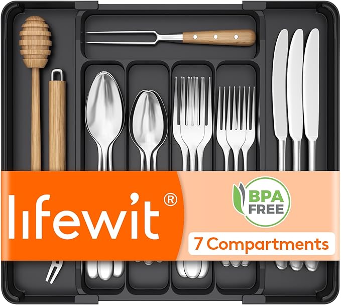 Lifewit Expandable Utensil Tray for Kitchen Drawer, Adjustable Silverware Organizer, BPA Free Plastic Cutlery Holder for Spoons Forks Knives, Black, Fits 8 to 14 Inch