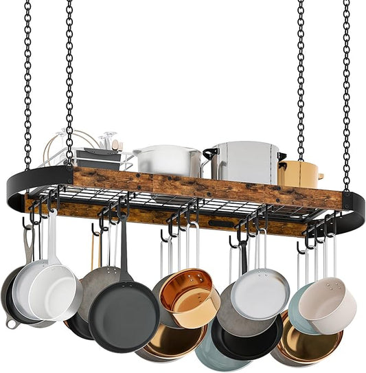 39.4-Inch Hanging Pot Rack, Space-Saving Pot Hanger for Kitchen, Ceiling Pan Hanging Rack with 16 Detachable S Hooks, Sturdy Metal Frame, Industrial Style, Rustic Brown and Black TPR10BF