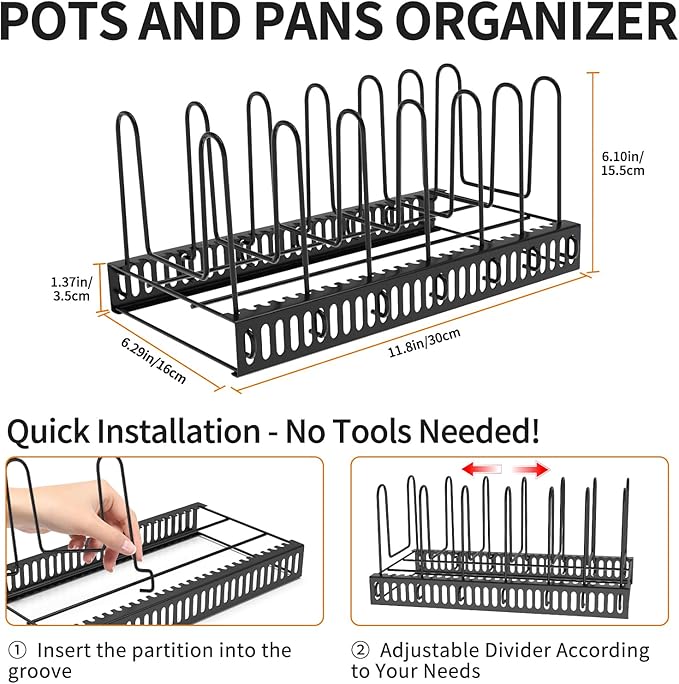 Pot Lid Organizer for Cabinet,7 Adjustable Dividers Storage for Cabinet - Heavy-Duty Pot & Pan Organizer - Perfect to Store Pots, Bakeware, Plates, Cookie Sheets, Trays, Dish, Cutting Boards