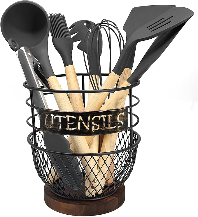 SODSAI Large Utensils Holder in Sleek Matte Black with Rustic Wooden Base for Modern Kitchens - Spacious, Rustproof Organizer for Cooking Utensils, Countertop Essentials & More