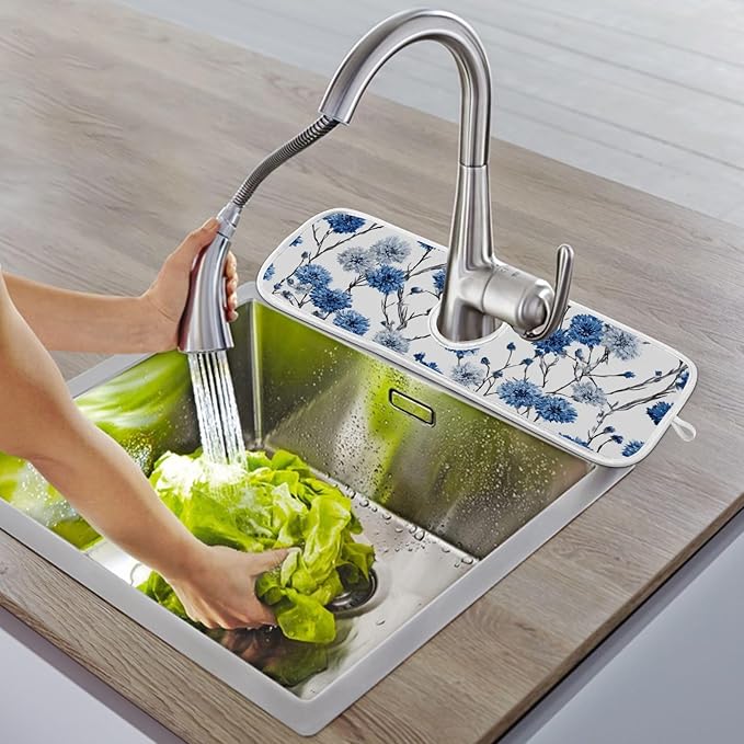 2 PCS Kitchen Sink Splash Guard 14.9 Inch Faucet Mat for Kitchen Sink Bathroom Sink Faucet Absorbing Drip Drain Mat Pad Microfiber Soft Washable Watercolor Blue Cornflower Daisy Butterflies