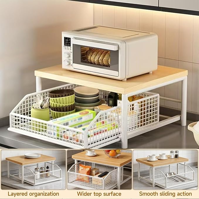 Kitchen Countertop Organizer with Drawer and Wire Basket, 2-Tier Hardwood Shelf for Microwave, Sturdy Hardwood Shelf, Space-Saving, for Storage in Family Tables, Kitchens, Bedroom Home (1, A-3)