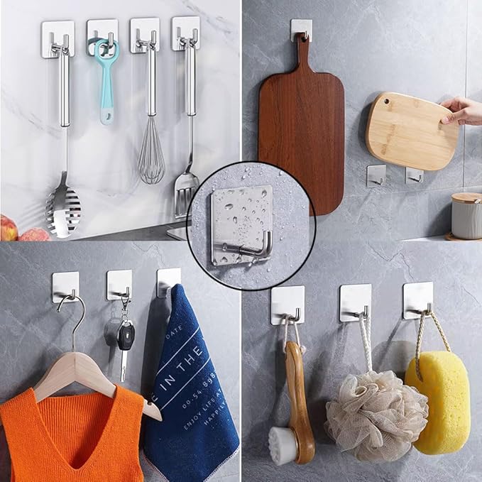 EDMILE Adhesive Towel Hooks, 8 Pack Self Adhesive Coat Sticky Hooks for Hanging, Stainless Steel Stick on Wall Hat Hook, Bathrooms Kitchen Livingroom Garage, Silver