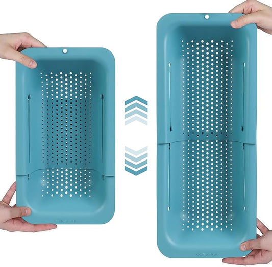 BLUE GINKGO Over the Sink Colander Strainer Basket - Wash Vegetables and Fruits, Drain Cooked Pasta and Dry Dishes - Extendable - New Home Kitchen Essentials (7.9 W x 14.5-19.5 L x 2.75 H) - Teal