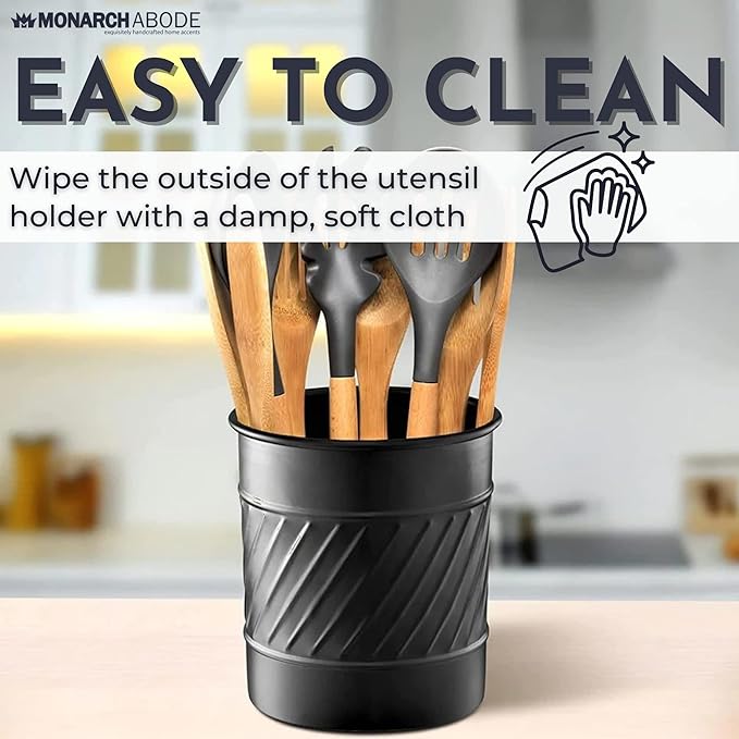 Monarch Abode Kitchen Utensil Holder – Wave Embossed Metal Nickel Chrome Utensil Holder, Decorative Utensil Crock for Kitchen Counter, Cooking Tool and Spatula Holder for Countertop, Caddy Organizer