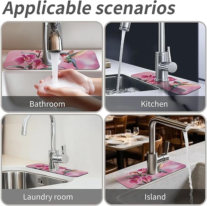 Kitchen Sink Splash Guard，Hummingbird, orchid Faucet Mat Sink Gadgets-Super Absorbent Fast Drying Mat Drip Catcher for Kitchen, Bathroom,Sink Mat, Dish Drying Mat, Bathroom(15" X 5.5" )