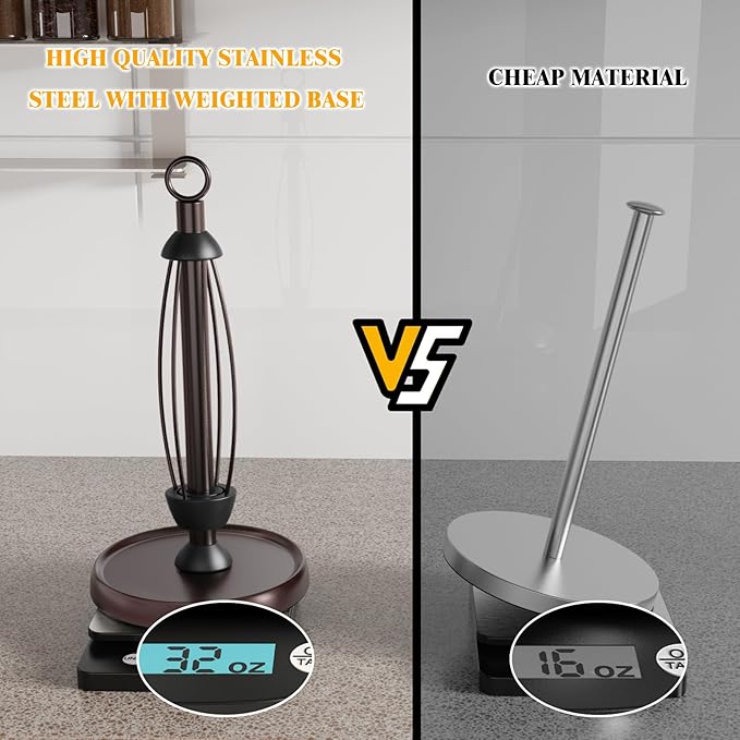 Oil Rubbed Bronze Paper Towel Holder Countertop, Bronze Kitchen Accessories Decor, Stainless Steel, Weighted Base, One Hand Tear Paper Towel Stand with Ratchet System for Kitchen Farmhouse Essentials