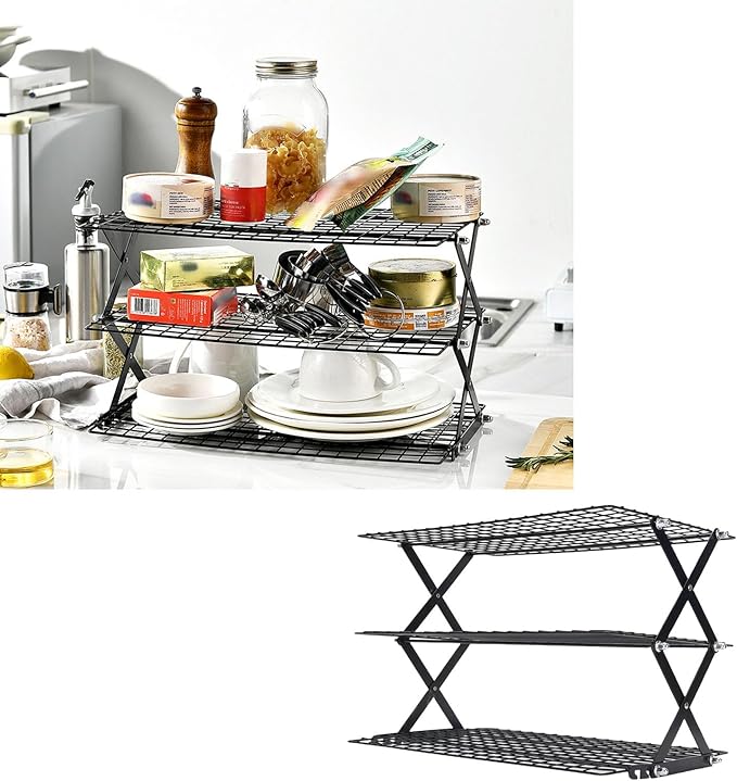 Foldable Countertop Storage Rack, Multi Tires Stainless Steel Space Saving Shelf Collapsible Stackable Organizer with Mesh Design for Drying Food Seasoning (3 Layer)