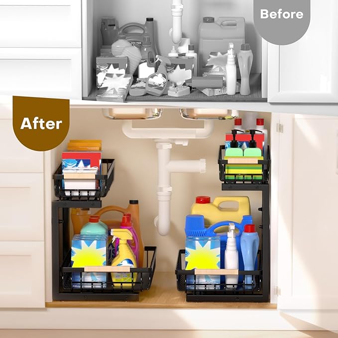 ZELOREA Under Sink Organizer, 2 Tier Pull Out Under-Sink Shelves, Adjustable Height (13.8" -16.9"), Sturdy Metal Storage Organizer for Bathroom Kitchen Pantry Cabinet (2 Packs, Black)