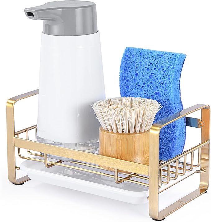 HULISEN Kitchen Sink Sponge Holder, 304 Stainless Steel Kitchen Soap Dispenser Organizer, Countertop Drainer with Removable Tray, not Including Dispenser and Brush, Gold