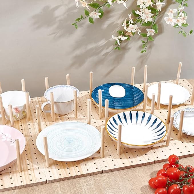 peacoblue 6 - Piece Wood Pegboard Drawer Organizer Set - Kitchen Drawer Peg Organizer 40 Pegs & Screws Included - Organizing Kitchen Dishes, Plates Pegboard Food Containers(17x5.9inch)