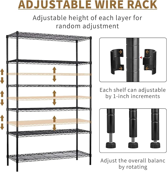 6 Tier Wire Shelving with Wheels, 2100lbs Storage Shelves Metal Shelves for Storage Rack, Adjustable Garage Shelf Heavy Duty Shelving Units Pantry Shelf Kitchen, (48"x18"x82", Black)