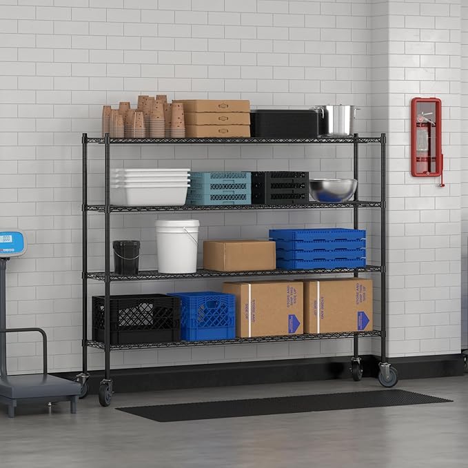 Commercial NSF Listed Black Epoxy Mobile Wire Shelving Kit 14" x 72" x 60", with 4 Shelves Perfect for Warehouse, Walk-in Refrigerator, Freezer, Grocery Store, Restaurant, Dishroom