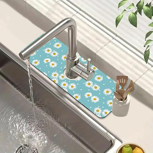 Cute Daisy Sink Faucet Absorbing Mat White Daisies Super Absorbent Fast Drying Mat Sink Gadgets Behind Faucet Sinkmat for Kitchen Bathroom, 15.5"x5.5"