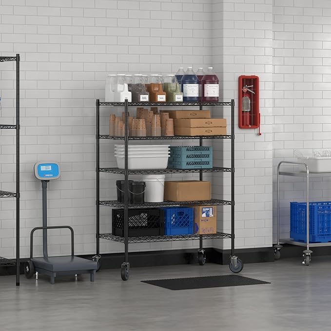 Commercial NSF Listed Black Epoxy Mobile Wire Shelving Kit 24" x 42" x 60", with 5 Shelves Perfect for Warehouse, Walk-in Refrigerator, Freezer, Grocery Store, Restaurant, Dishroom