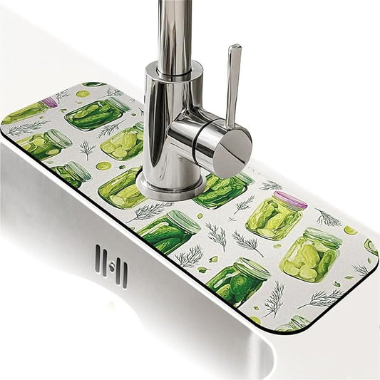 Kitchen Sink Splash Guard，pickled cucumber Faucet Mat Sink Gadgets-Super Absorbent Fast Drying Mat Drip Catcher for Kitchen, Bathroom,Sink Mat, Dish Drying Mat, Bathroom(15" X 5.5" )